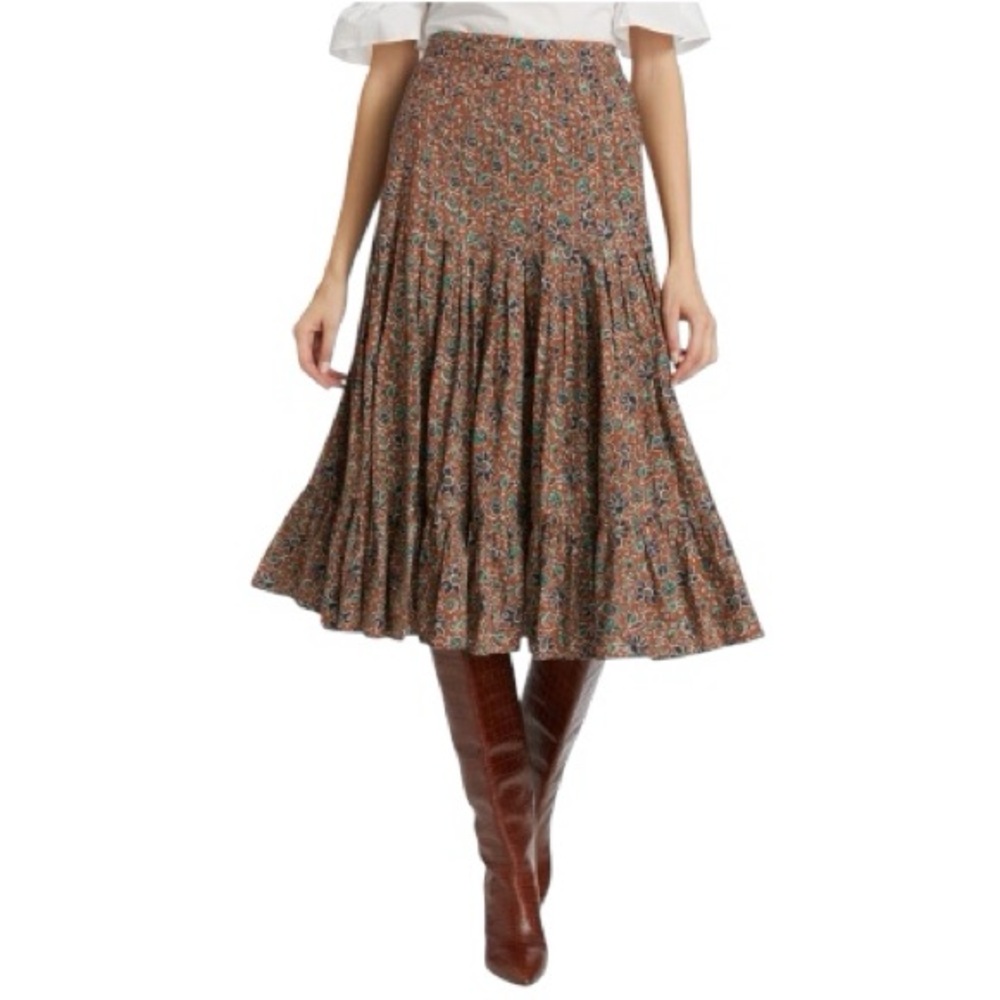 Veronica Beard Women’s Panola Tiered Brown Boho Floral A-Line Midi-Skirt sz 4